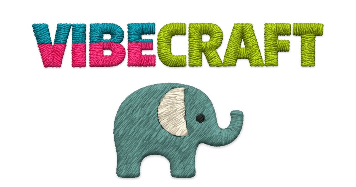 The VibeCraft logo and a teal elephant, both stitched in thread