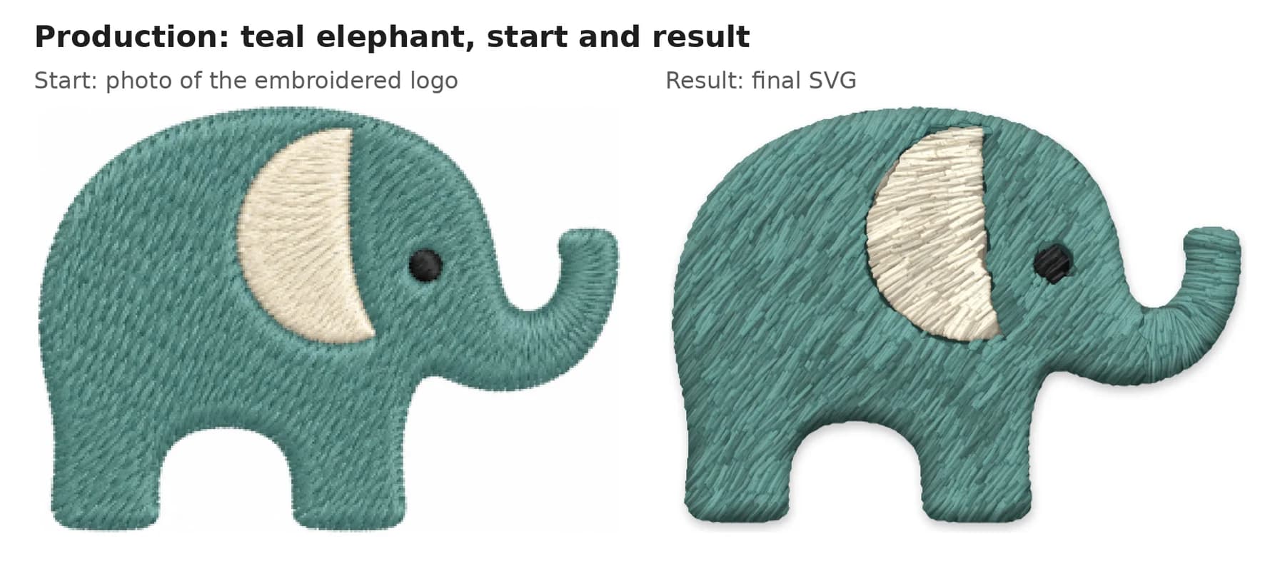 Production start and result: the photo of the teal elephant on the left, the final SVG on the right
